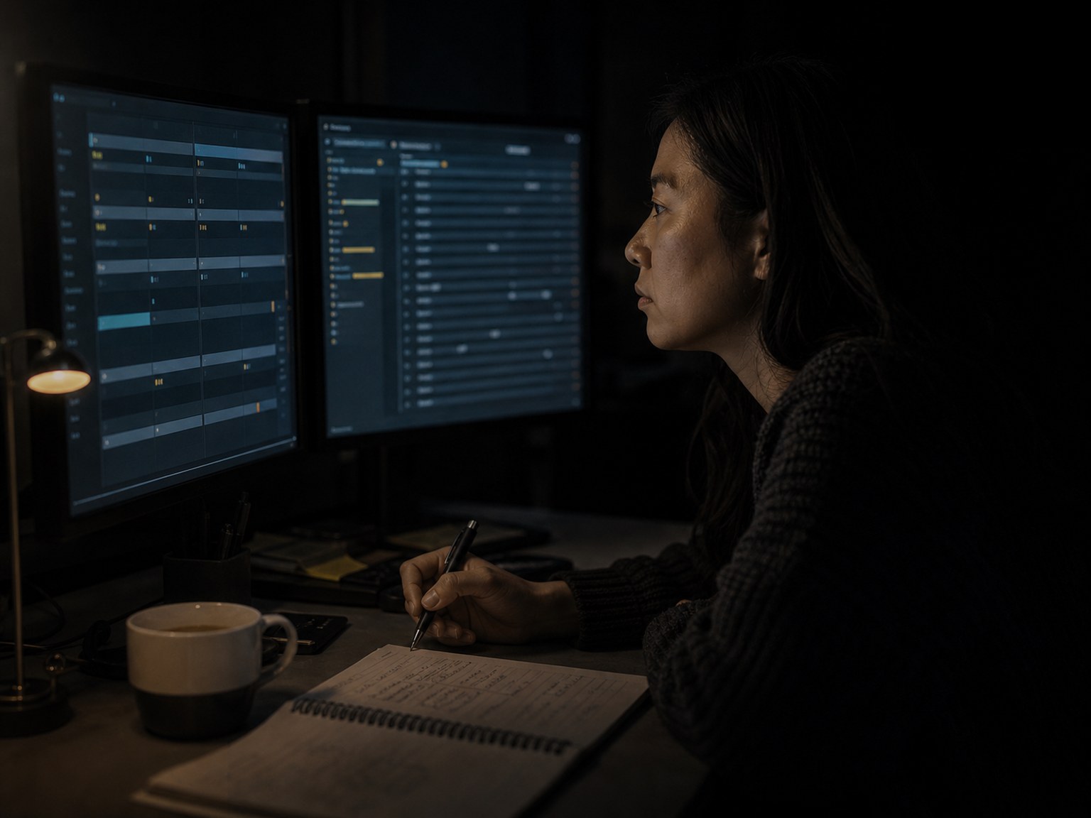 A QA analyst reviews two side-by-side runs of an agent at her workstation.