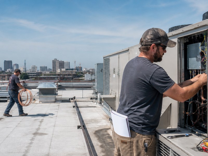A service technician working on a rooftop HVAC unit, city skyline in the background.