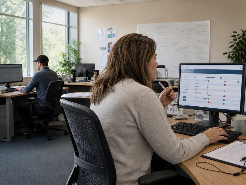 A customer service team lead working at her desk in a daylit office.