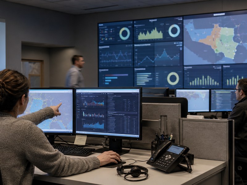 An operations control room with a wall of dashboards and several operators at consoles.